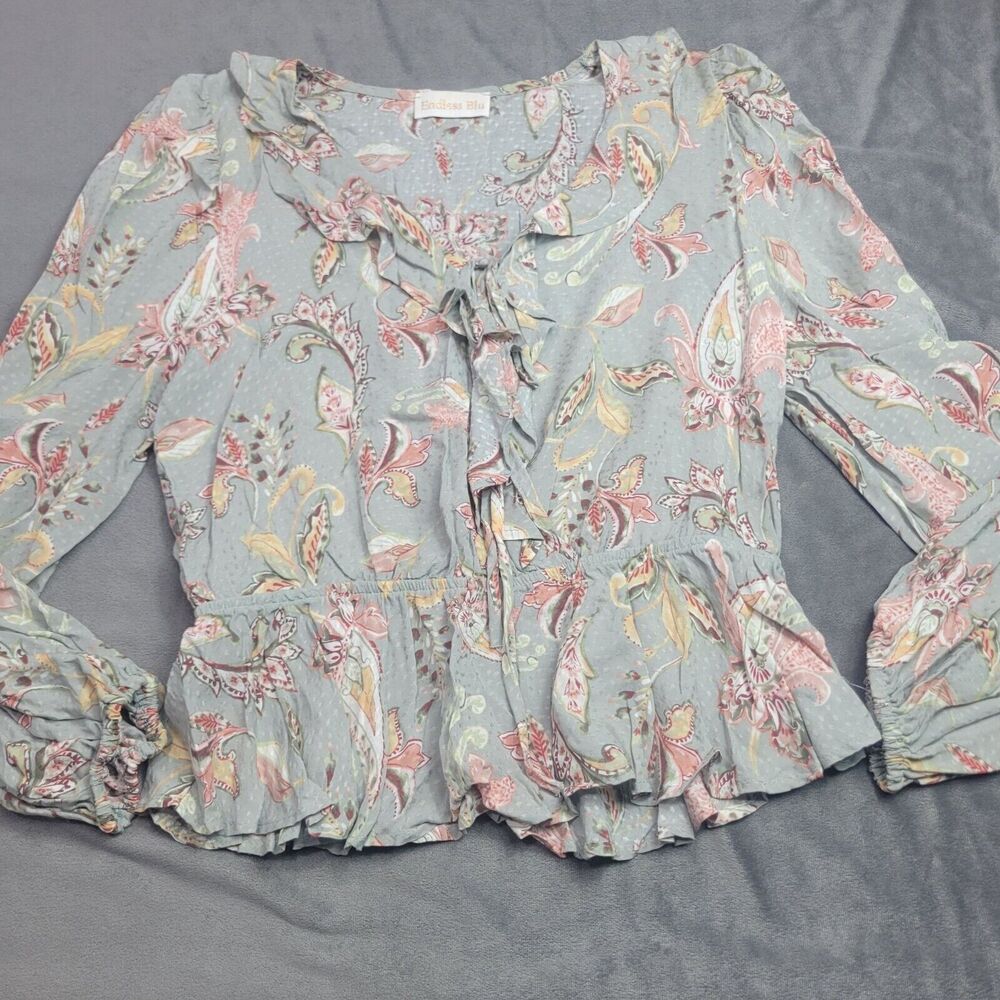 Endless Blu Womens Floral Ruffle Blouse With Tie‎ Neck Light Green & Pink - M